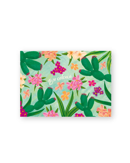Flores - Barcelona - Colección de ilustraciones artísticas Estampado Papel Postal A6 España Adelfa Cactus Buganvilla Flores Plantas Mediterráneo