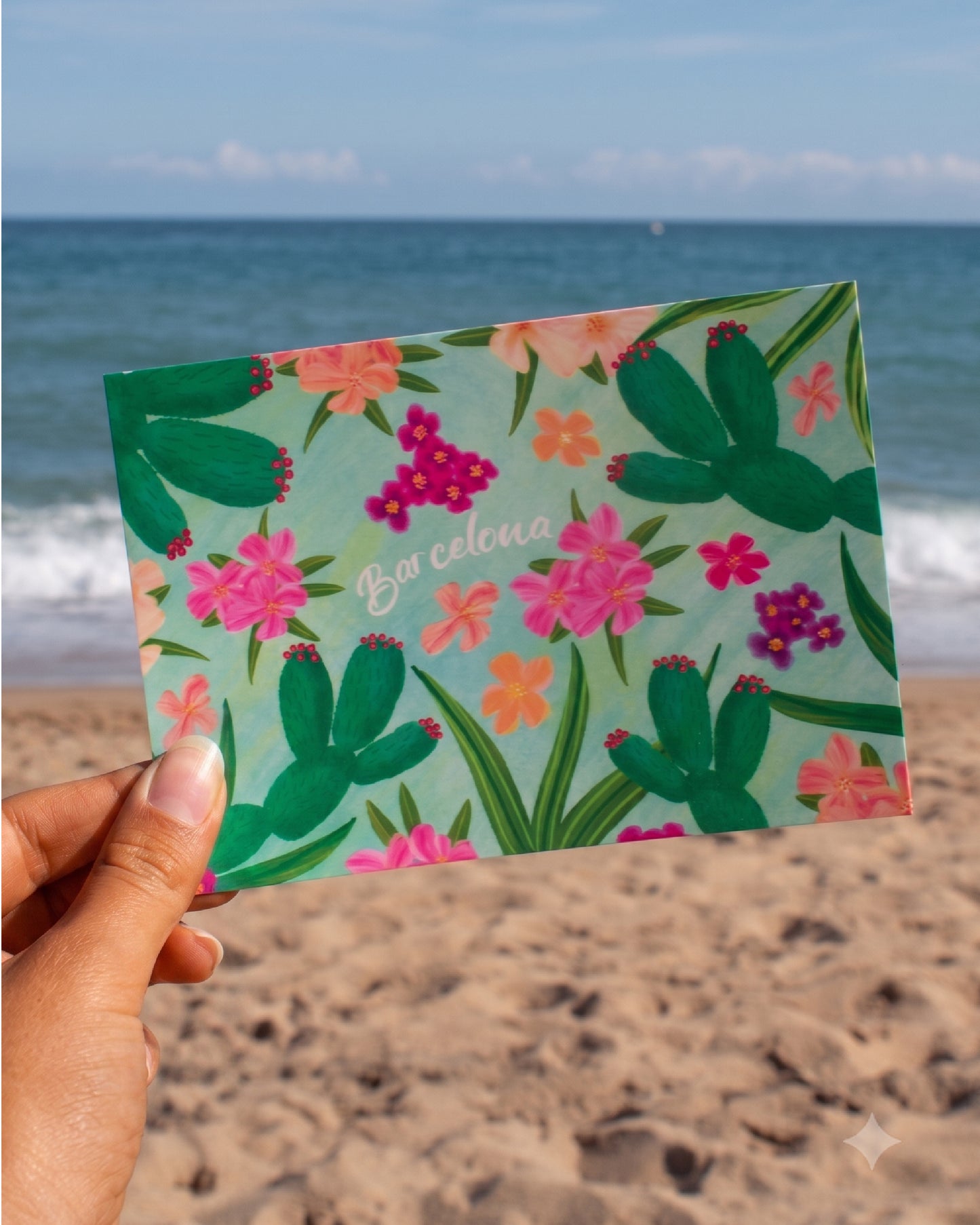 Flores - Barcelona - Colección de ilustraciones artísticas Estampado Papel Postal A6 España Adelfa Cactus Buganvilla Flores Plantas Mediterráneo